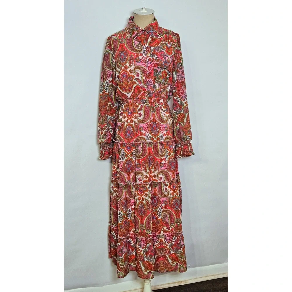 Harlow & Rose Pink Paisley Print Long-sleeve Midi Dress Size Medium Missing Belt - Picture 1 of 16